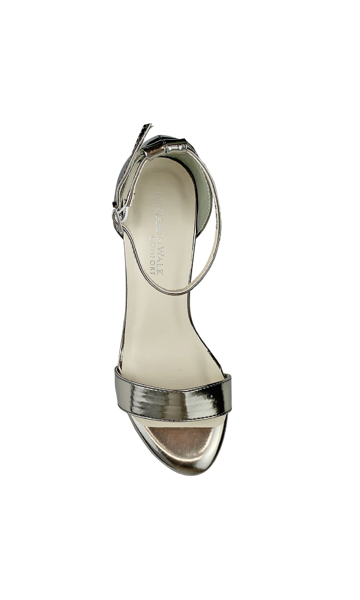 The Maddox Pewter Open-Toe Prom Shoe (Dyeables 58417) features a metallic finish, ankle strap with buckle, and low block heel. Pictured from above on a white background.